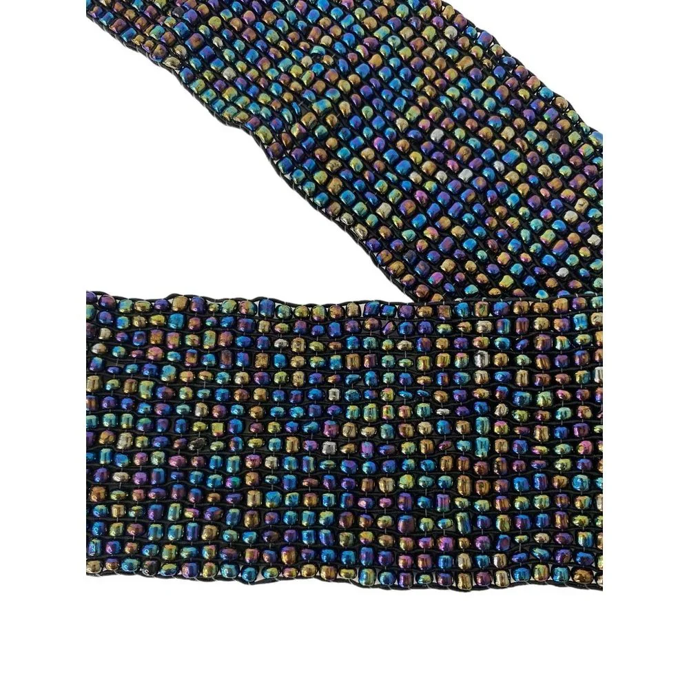 Handmade seed beaded belt stretchy multicolor inlaid‎ wood floral 2.5